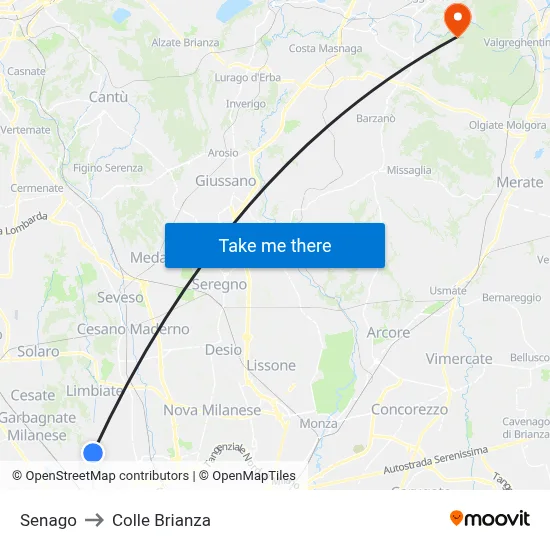 Senago to Colle Brianza map