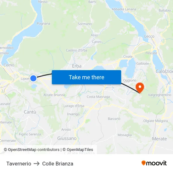 Tavernerio to Colle Brianza map