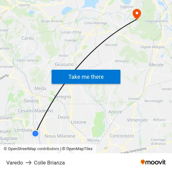 Varedo to Colle Brianza map