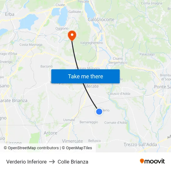 Lower Verderio to Colle Brianza map