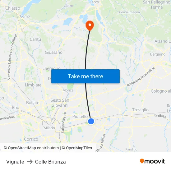 Vignate to Colle Brianza map