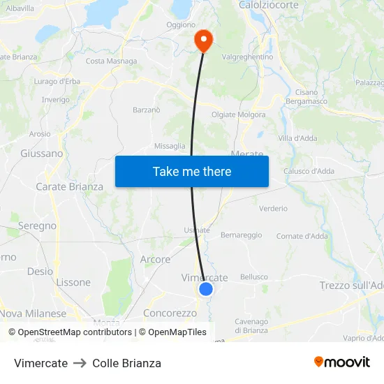 Vimercate to Colle Brianza map