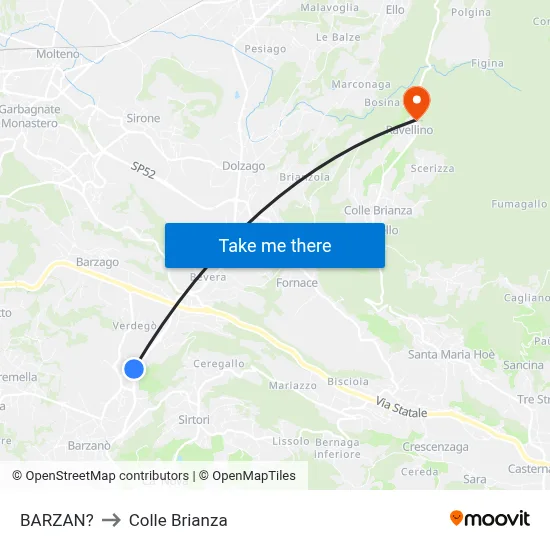 Barzan to Colle Brianza map