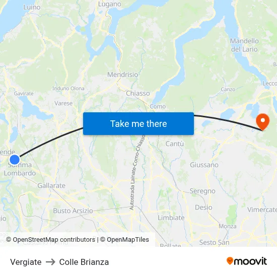 Vergiate to Colle Brianza map