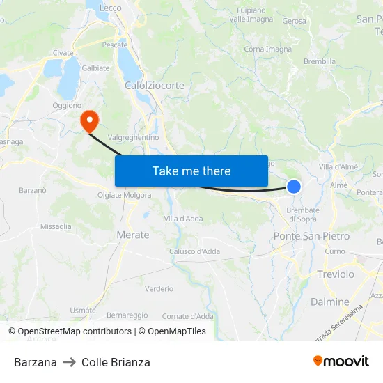 Barzana to Colle Brianza map