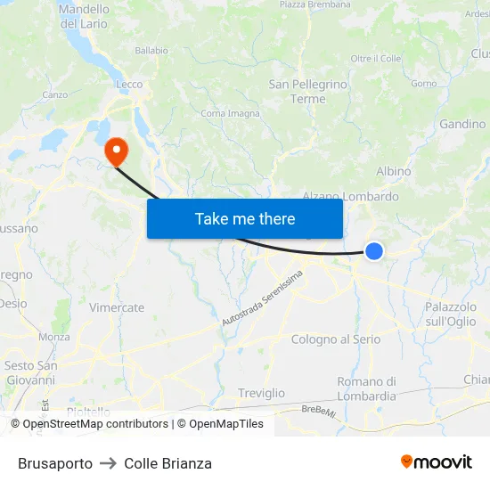 Brusaporto to Colle Brianza map