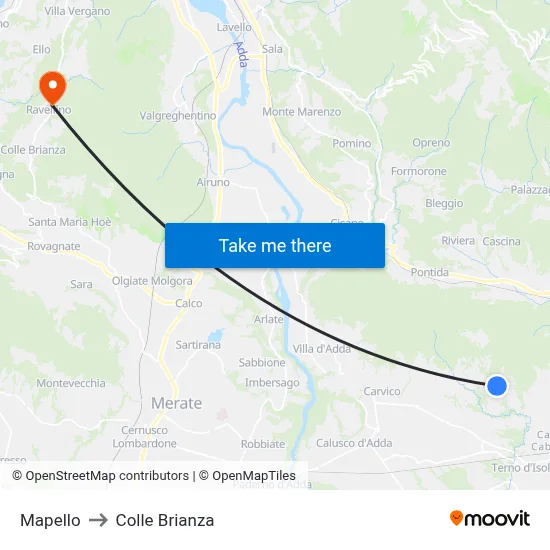 Mapello to Colle Brianza map