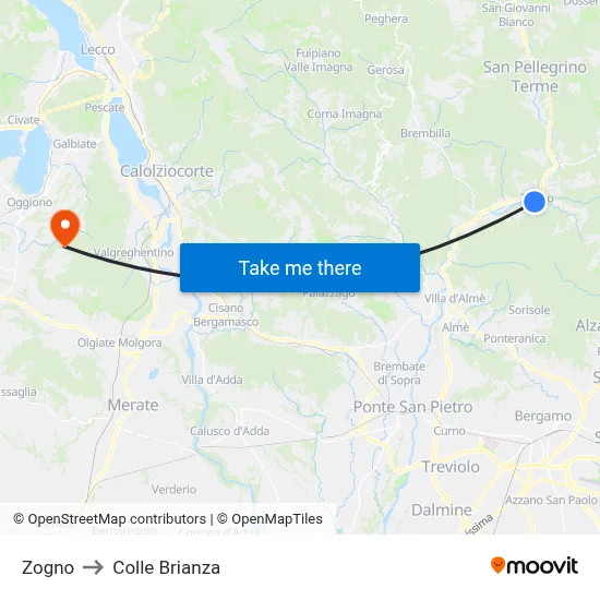 Zogno to Colle Brianza map