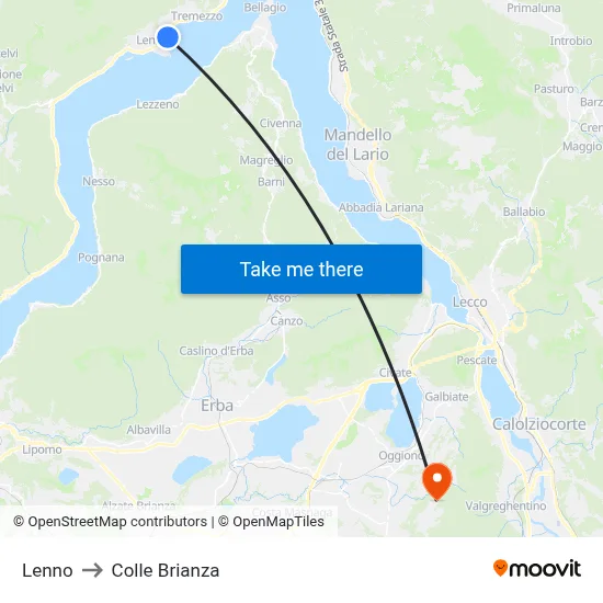 Lenno to Colle Brianza map