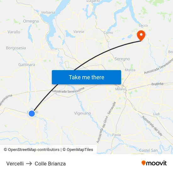 Vercelli to Colle Brianza map