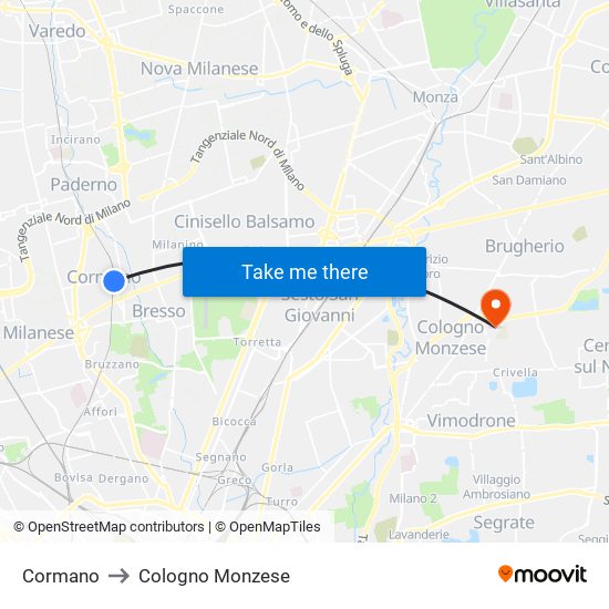 Cormano to Cologno Monzese map