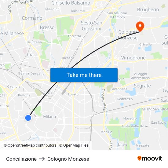 Conciliazione to Cologno Monzese map
