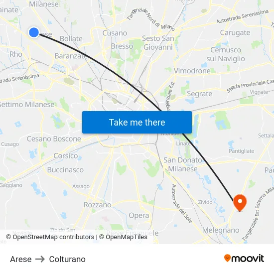 Arese to Colturano map
