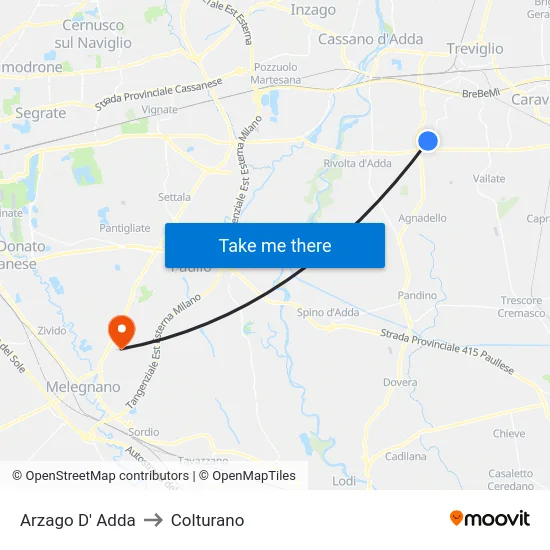 Arzago d'Adda to Colturano map