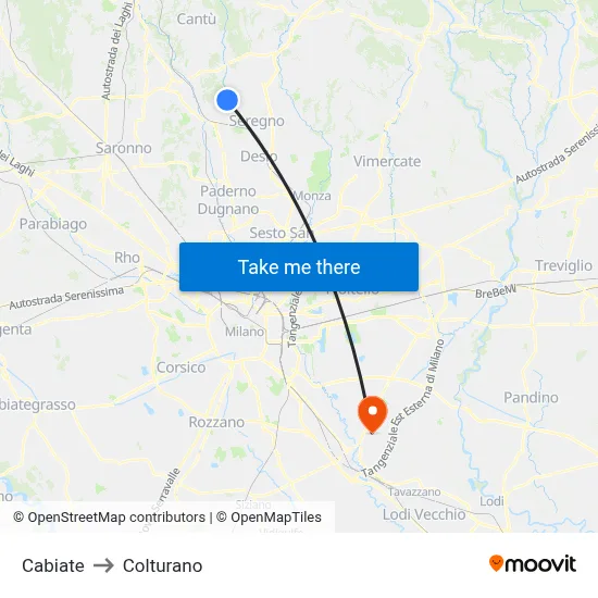 Cabiate to Colturano map