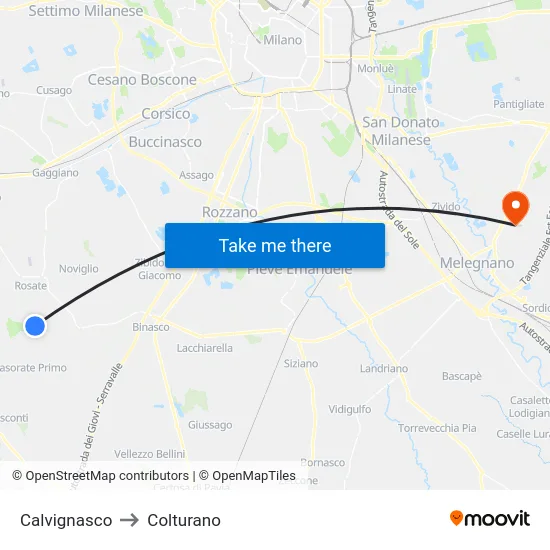 Calvignasco to Colturano map