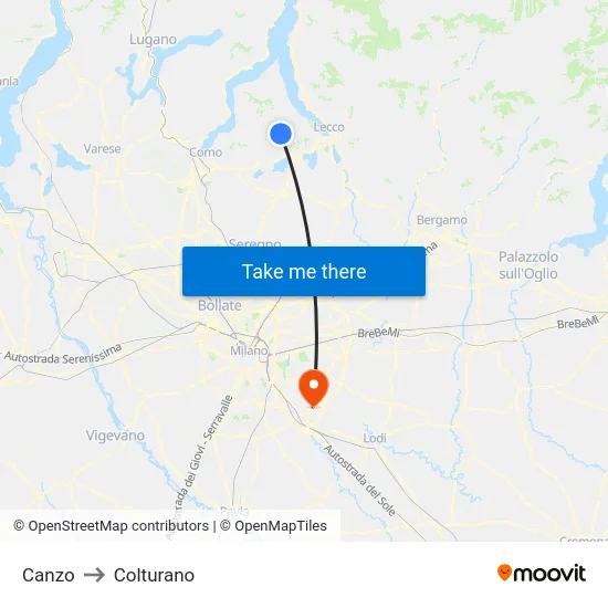 Canzo to Colturano map