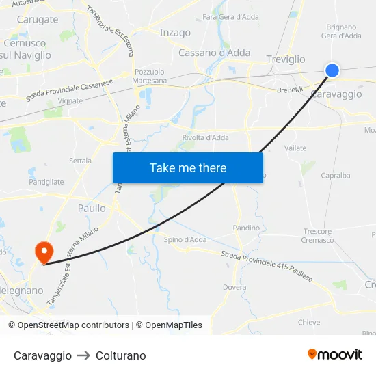 Caravaggio to Colturano map