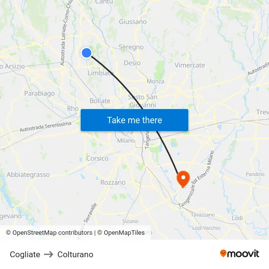 Cogliate to Colturano map