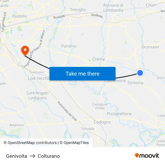 Genivolta to Colturano map