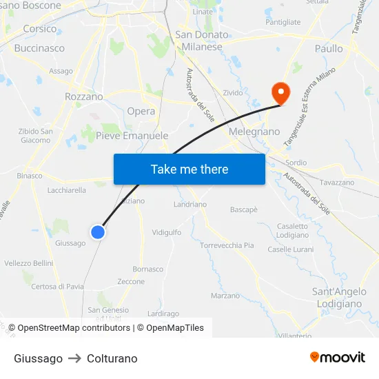 Giussago to Colturano map