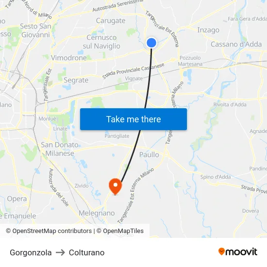 Gorgonzola to Colturano map