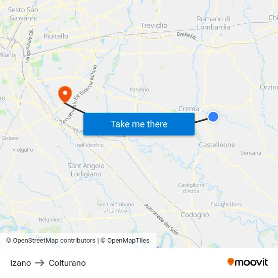 Izano to Colturano map