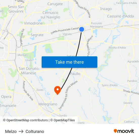 Melzo to Colturano map