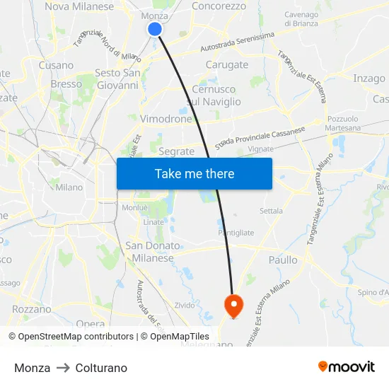 Monza to Colturano map