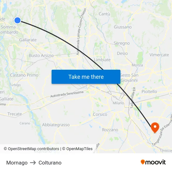 Mornago to Colturano map