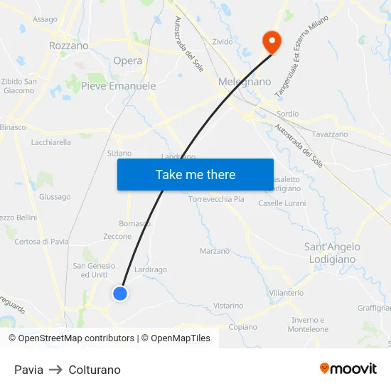 Pavia to Colturano map