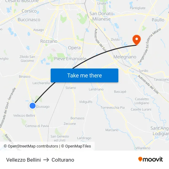 Vellezzo Bellini to Colturano map