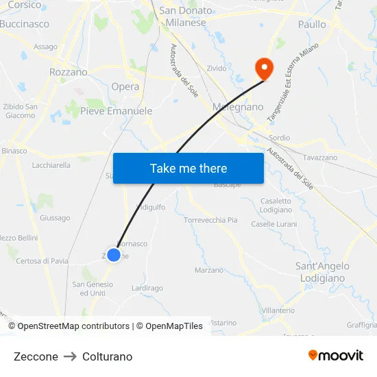 Zeccone to Colturano map