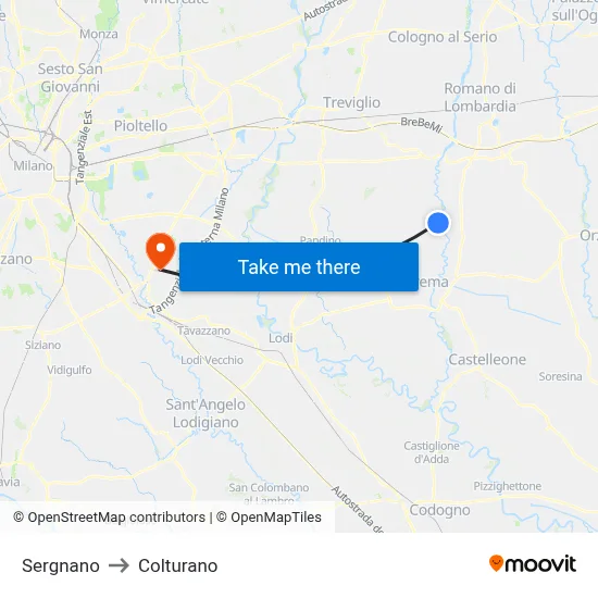 Sergnano to Colturano map