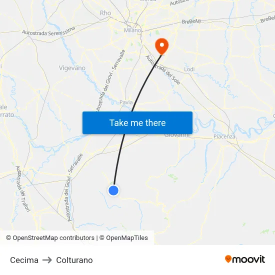 Cecima to Colturano map