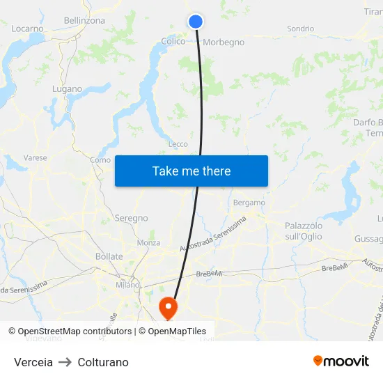 Verceia to Colturano map