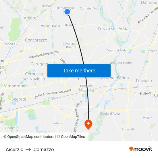 Aicurzio to Comazzo map