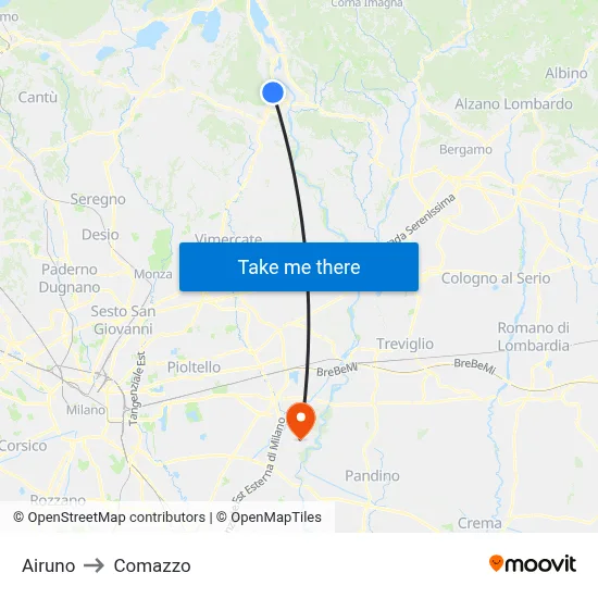 Airuno to Comazzo map