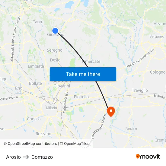Arosio to Comazzo map