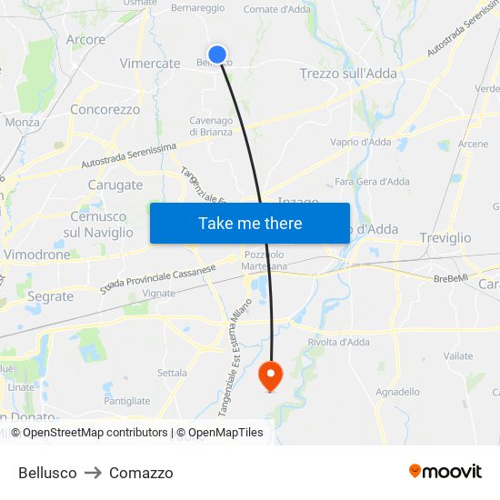 Bellusco to Comazzo map