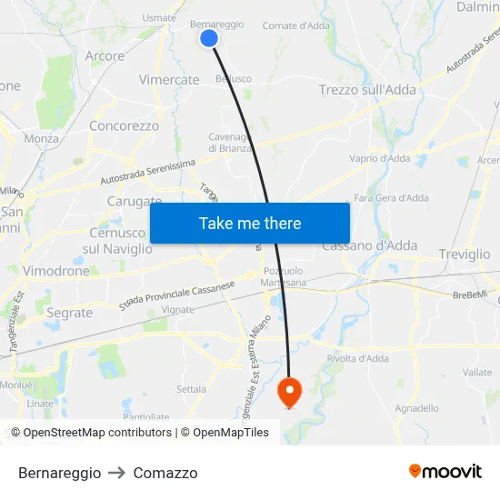 Bernareggio to Comazzo map