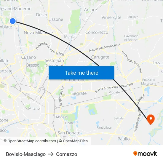 Bovisio-Masciago to Comazzo map