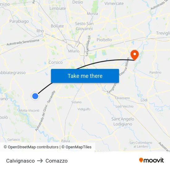 Calvignasco to Comazzo map