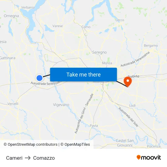Cameri to Comazzo map