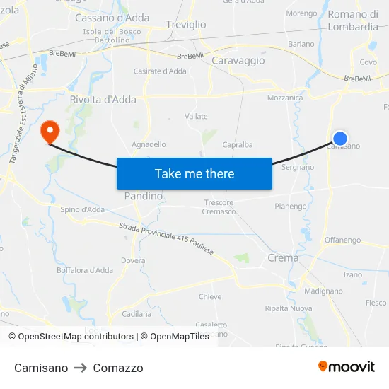 Camisano to Comazzo map