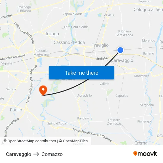 Caravaggio to Comazzo map