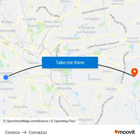 Corsico to Comazzo map