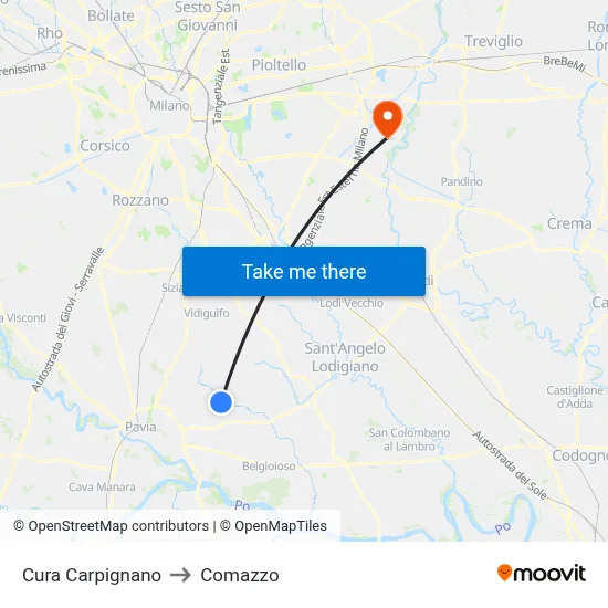 Cura Carpignano to Comazzo map