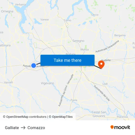 Galliate to Comazzo map