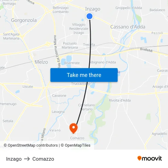 Inzago to Comazzo map